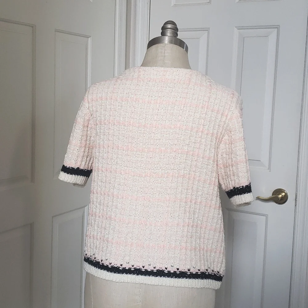 Anthropologie Plaid Tweed Knit Sweater Tee • Fringe Shimmer Pink Cream M - Picture 7 of 12